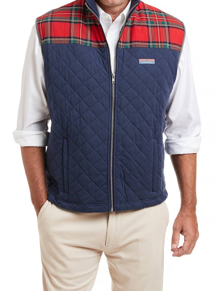 Gesteppte Weste Cross Rip Nantucket Navy mit Royal Stewart Besatz für den Großhandel von Castaway Clothing Nantucket Island