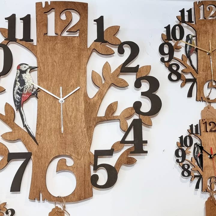 Scottish Woodpecker Wall Clock, Hand Painted Bird Wall Art for wholesale by Wildflower Designs