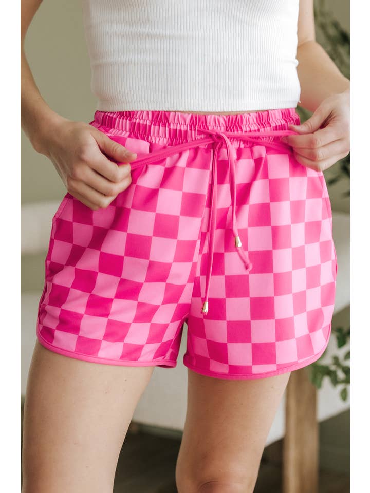 1 the Woman - Wholesale Shorts - Women's - Checkered Drawstring Elastic Waist Casual Shorts