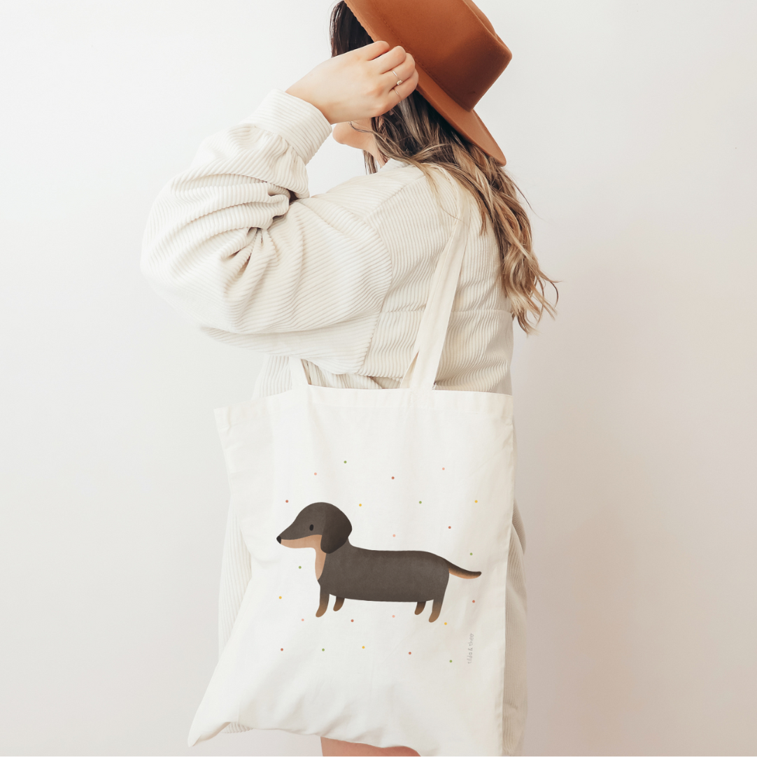 Tilda&Theo - Vendita all'ingrosso Borsa tote - Donna - Borsa in tessuto con stampa bassotto - Borsa in juta Dachshund Ko1