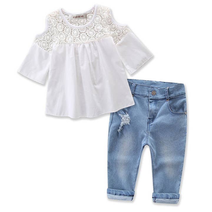 Fennco Styles - Wholesale Top & Pant Set - Kids - Lace Off Shoulder 3/4 Sleeve Blouse & Jeans 2pcs Girl Outfit