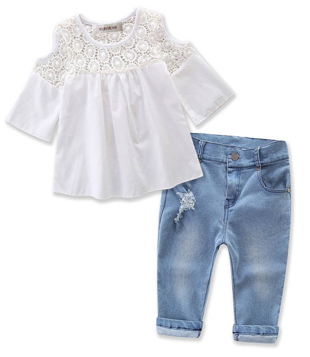 Fennco Styles - Wholesale Top & Pant Set - Kids - Lace Off Shoulder 3/4 Sleeve Blouse & Jeans 2pcs Girl Outfit