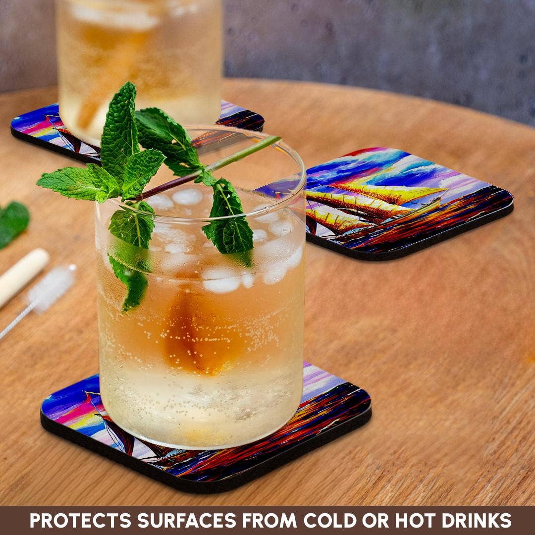 3dRose - Wholesale Coasters - 3dRose, Tall ship digital art. Three-mast scooner in the golden sunset light, Coaster9