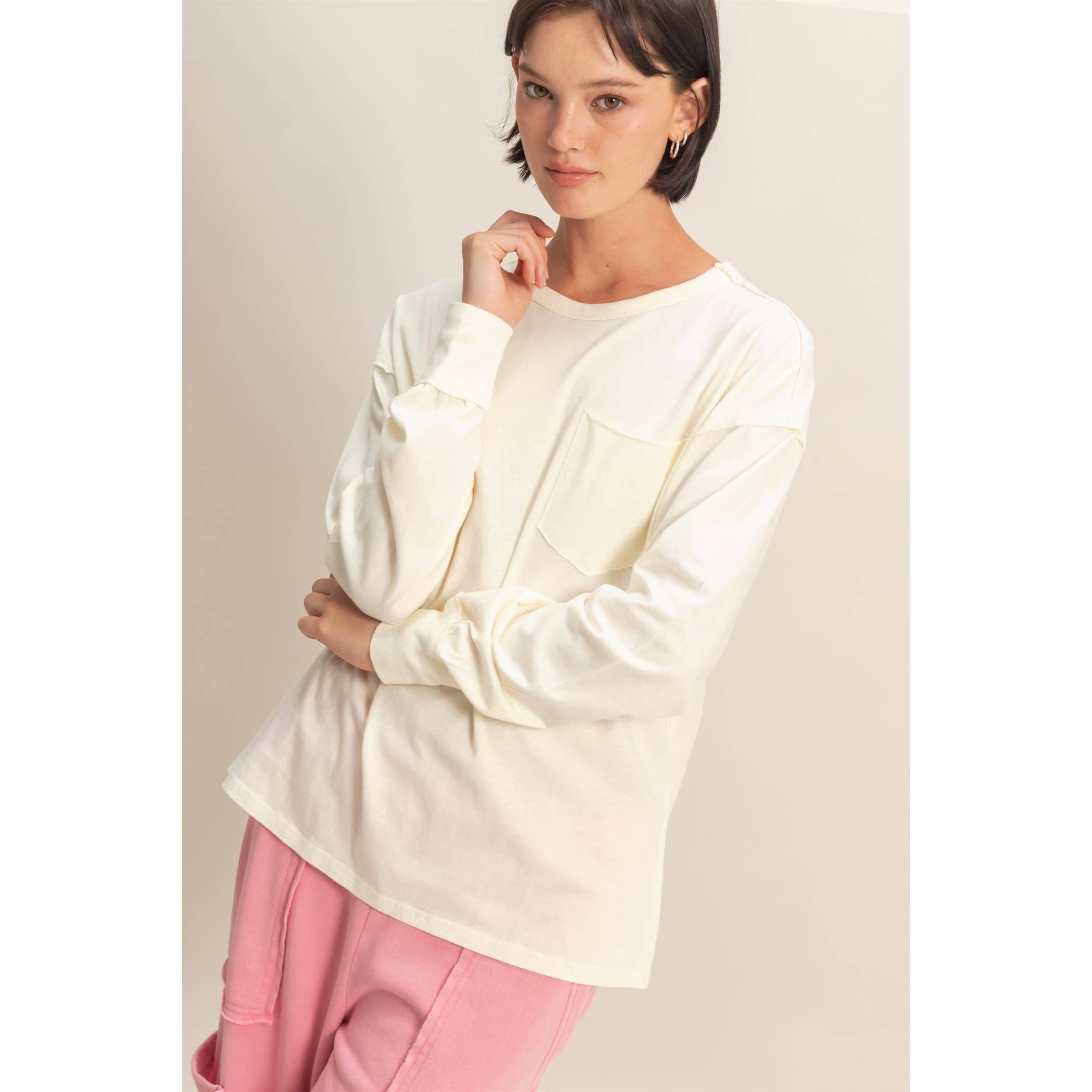 HYFVE - Vente Chemise – femme - T-shirt surdimensionné à manches longues et poches délavées17