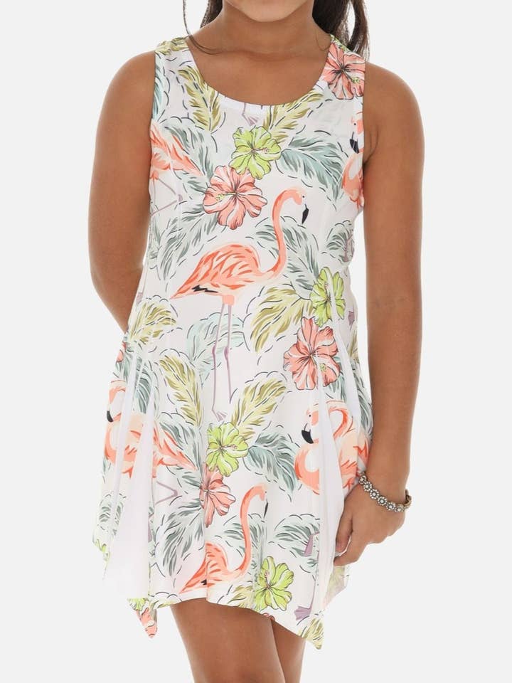 Sød kjole til børn med en pop af flamingoer for engroshandel hos Shoreline Wear. INC