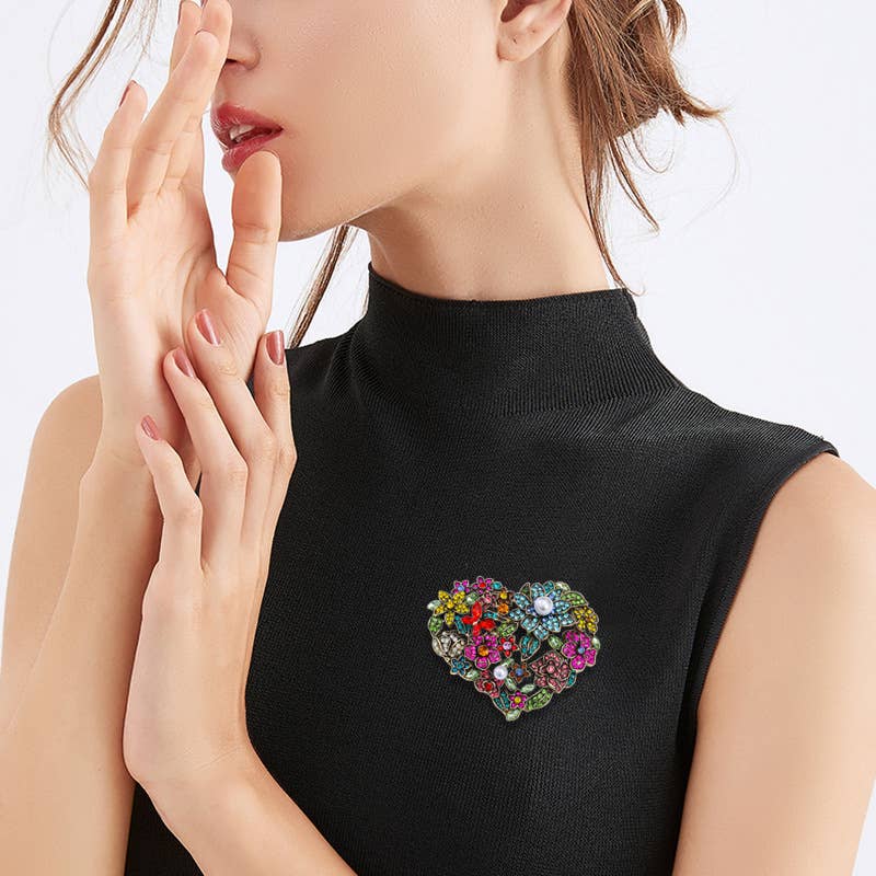 Heart Vintage Colorful Rhinestone Floral Brooch for wholesale on Faire4