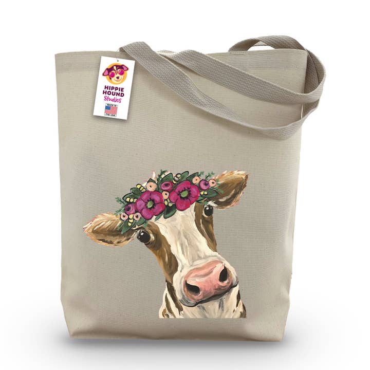 Bolso de mano con refuerzo, vaca, Miss MooMoo, animal de granja para venta al por mayor de Hippie Hound Studios