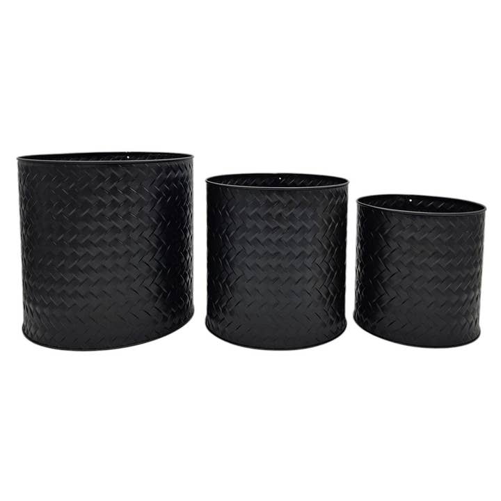Flowerpot Planter Plant Container Pot Tub 3-piece Set Black Round Metal Matte for wholesale by Oasis of Life