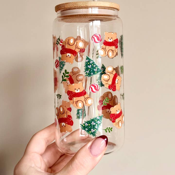 Christmas Teddy Bears Double Sided Glass Cup + Lid & Straw for wholesale by the cute cloud