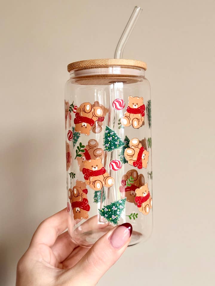 Christmas Teddy Bears Double Sided Glass Cup + Lid & Straw for wholesale by the cute cloud
