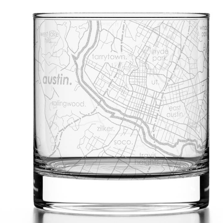 Austin, TX City Map - Etched Whiskey Rocks Glass for wholesale by Well Told