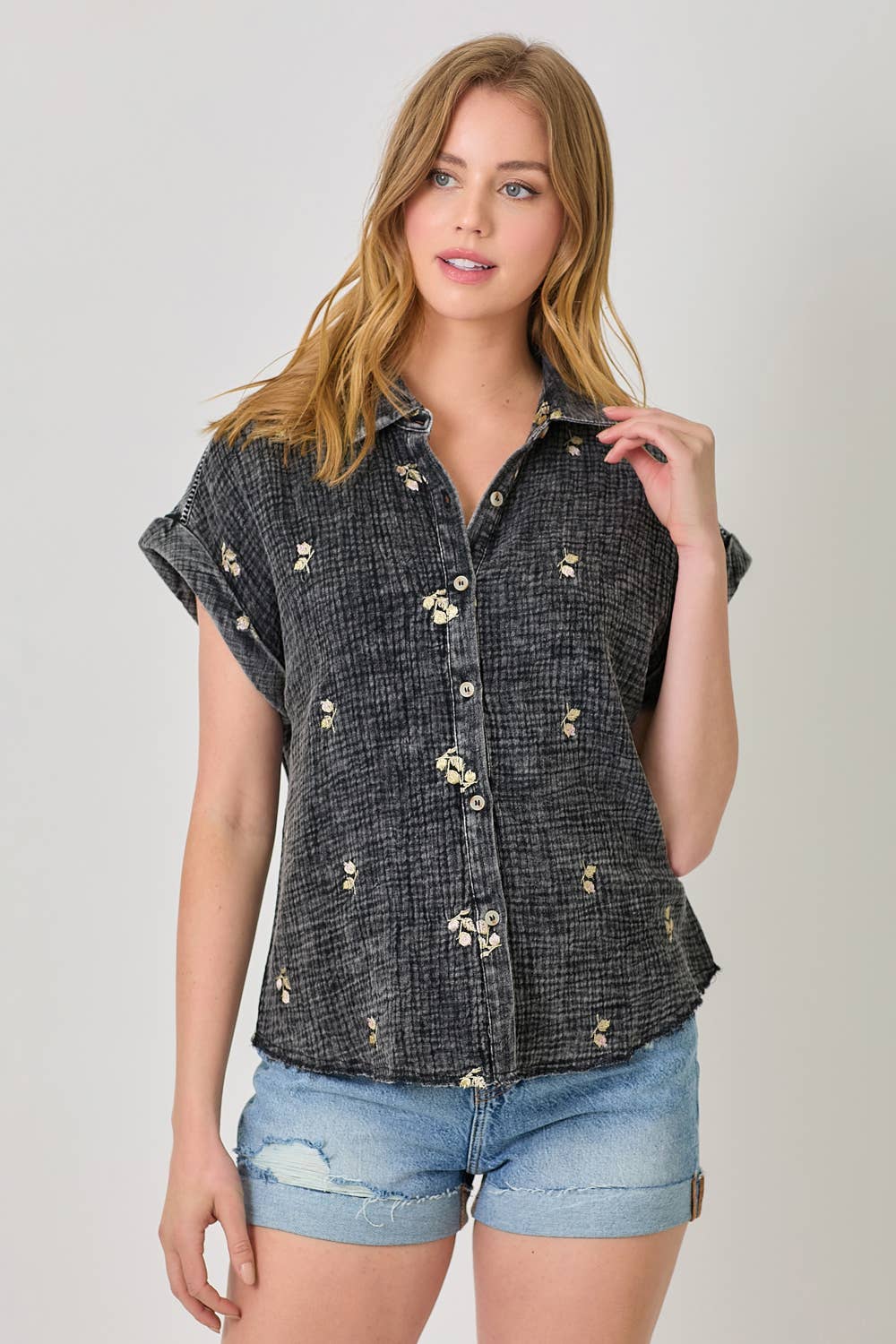 Mystree - Vente Chemise à col boutonné – femme - Haut brodé lavé 6095828