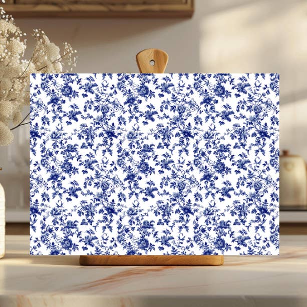 Chinoiserie Blue Toile Glass Kitchen Cutting Board for wholesale by AvaryMaeInspirations