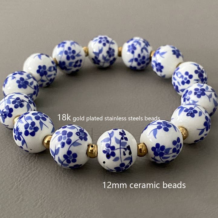 Vintage Blue and White Porcelain 18K Gold Beaded Bracelet for wholesale on Faire4