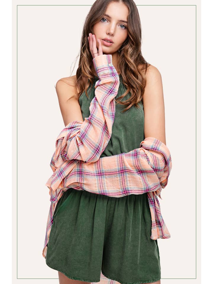 La Miel - Wholesale Romper - Women's - HCD9313-Mineral Washed Sleeveless Mini Romper with Pocket2