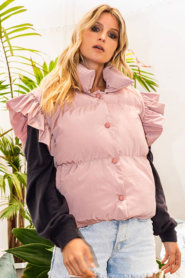 BUCKETLIST INC – wholesale Outerwear Vest - Women’s – IT1813-1 Ruffle Sleeve Crop Down Vest14