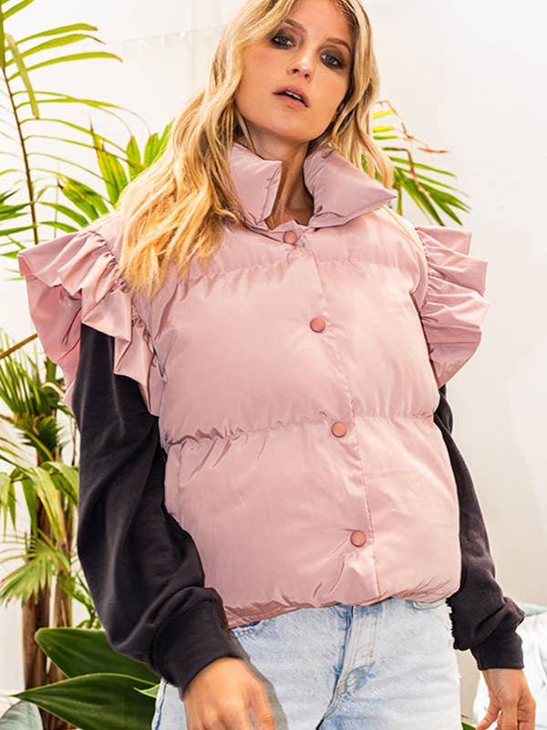 BUCKETLIST INC - Wholesale Outerwear Vest - Women's - IT1813-1 Ruffle Sleeve Crop Down Vest14