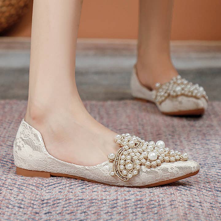 ACCITY - Wholesale Flats - Women's - Lace Pearl Ballet Flats for Women, Bridal Style_CWSHF00102