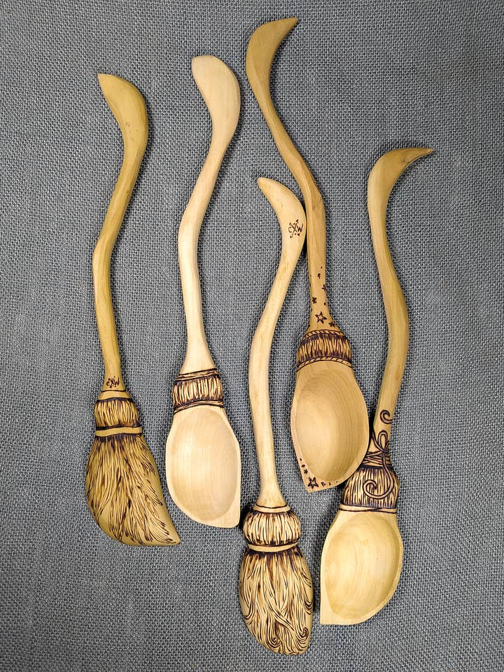 Witch Broom Spoon - Hand carved Poplar wood for cooking for wholesale by Chaos Woods