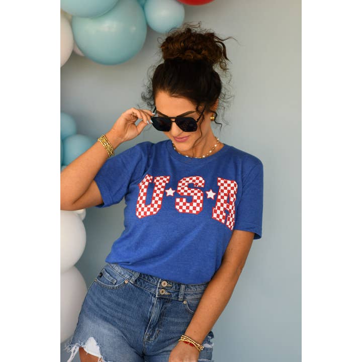 Heather Royal RTS Blue Checkered USA Tee for wholesale on Faire