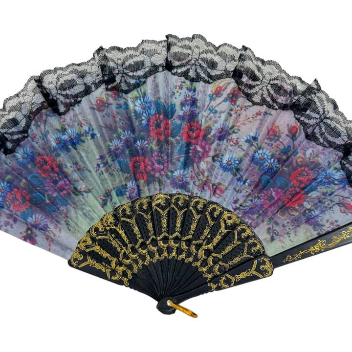 ASSORTED Sheer Floral Black Lace Trim Hand Held Folding Fan FN3772. (12PC) for wholesale on Faire14