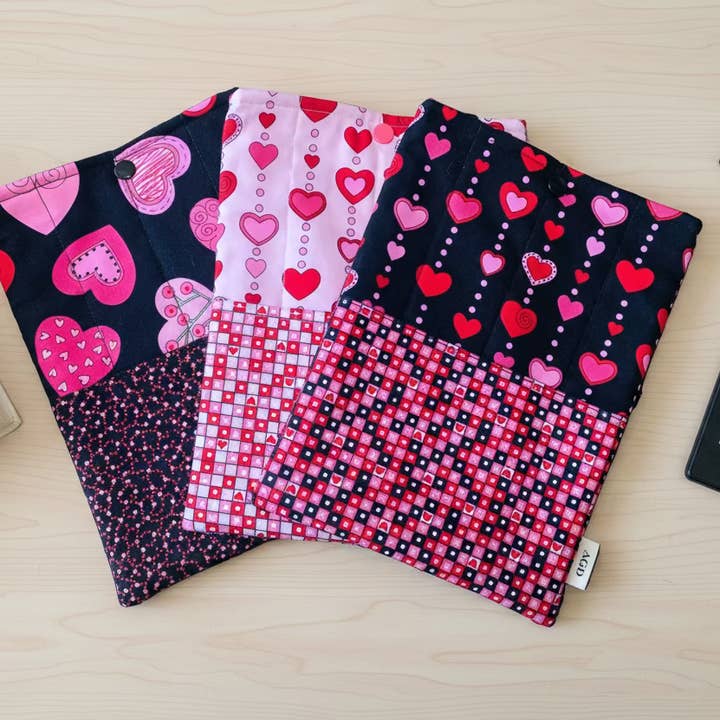 Quilted Tablet Sleeve or Book Sleeve Snap Closure Exterior Pockets - Be My Valentine Collection - Book Cozy - Handmade - Small - 7" x 9" for wholesale by Ann Gregory Designs