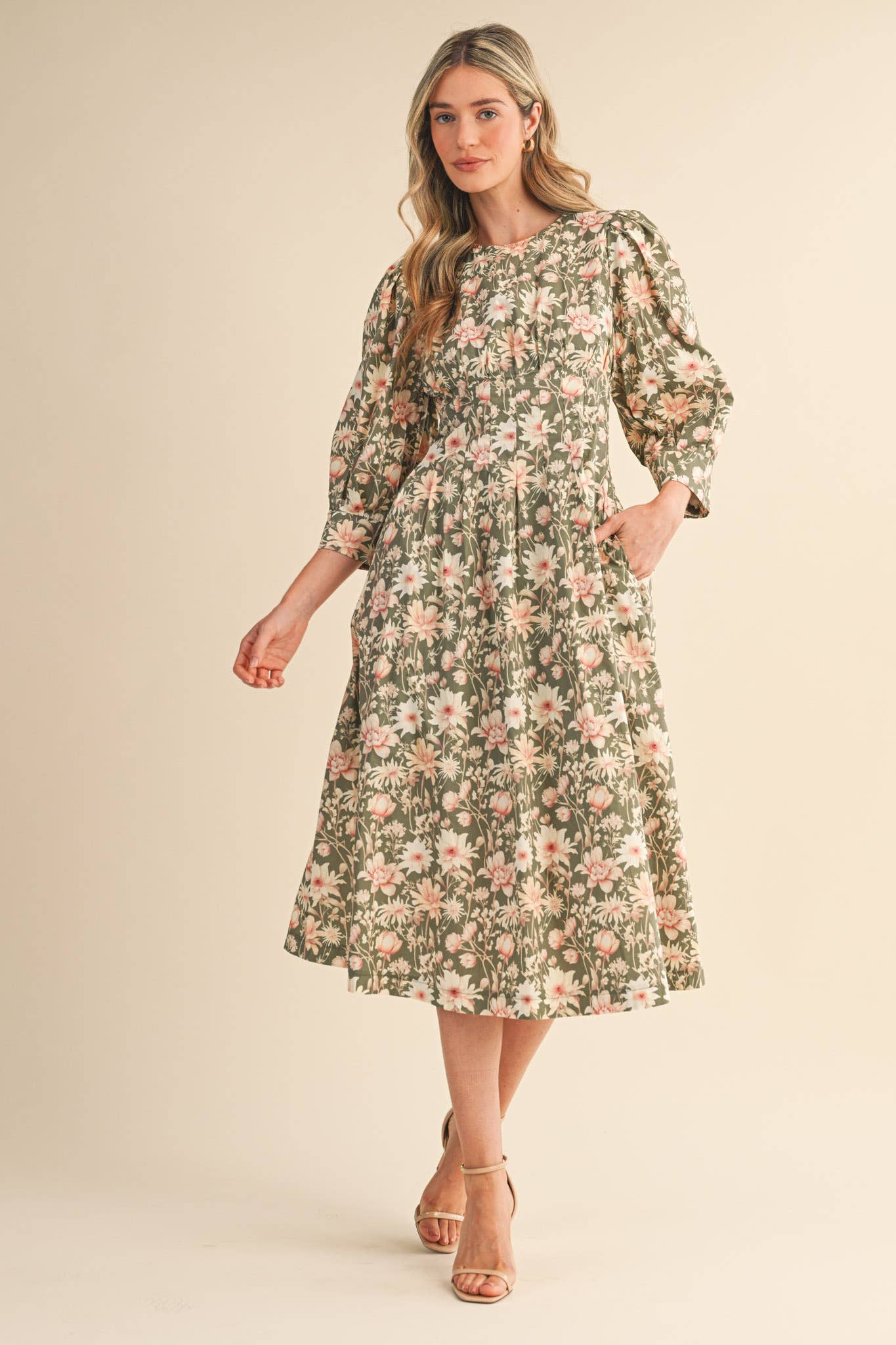 &MERCI - Wholesale Dress - Women's - FLORAL PRINT PLEATED WAIST MIDI DRESS MDR44779