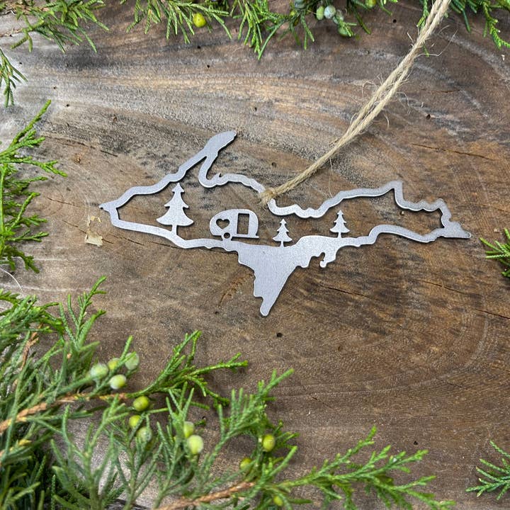 BE Creations & Designs, Inc. - Wholesale Ornament - Michigan Upper Peninsula CAMPER Scene Raw Steel Ornament