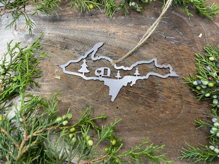 BE Creations & Designs, Inc. - Wholesale Ornament - Michigan Upper Peninsula CAMPER Scene Raw Steel Ornament0