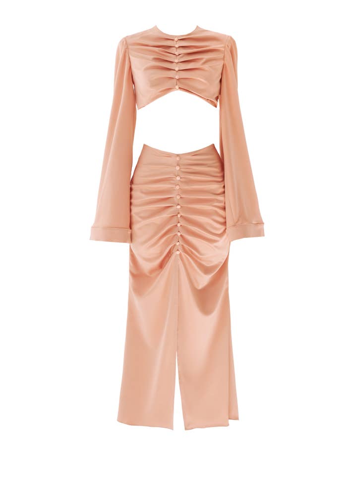 La Musa – Großhandel Set aus Oberteil und Rock – Damen – Peach Love Set – Midi-Rock und Langarm-Top aus französischem Satin