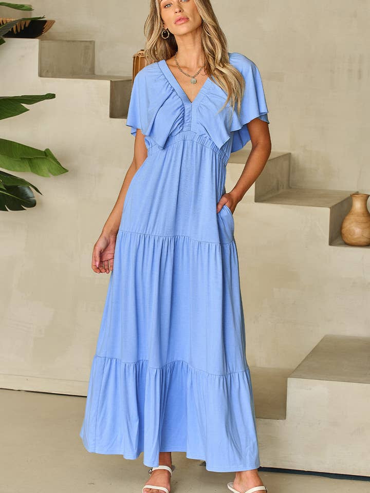 Threaded Pear – Engroshandel Kjole - Dame – Kelsey Tekstureret Kjole med Flagrende Ærmer og Flæser Maxi Kjole