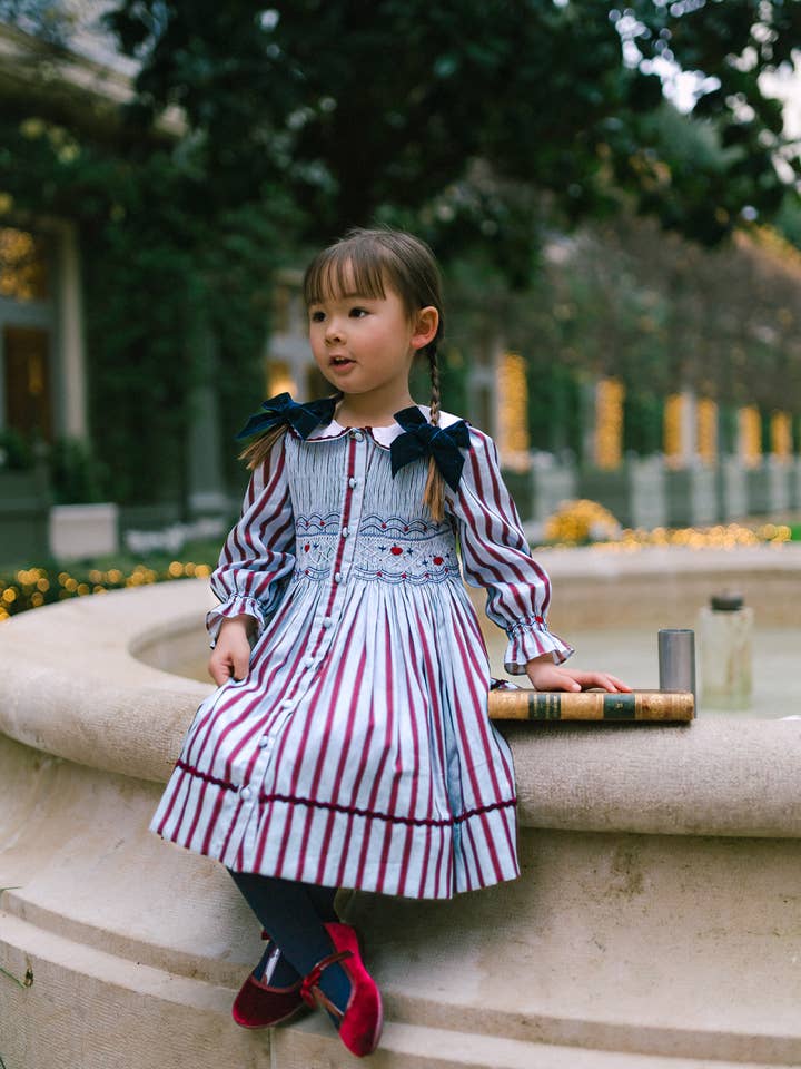 MARINE STRIPE BLUE BURGUNDY SMOCKED DRESS for wholesale by Antoinette Paris