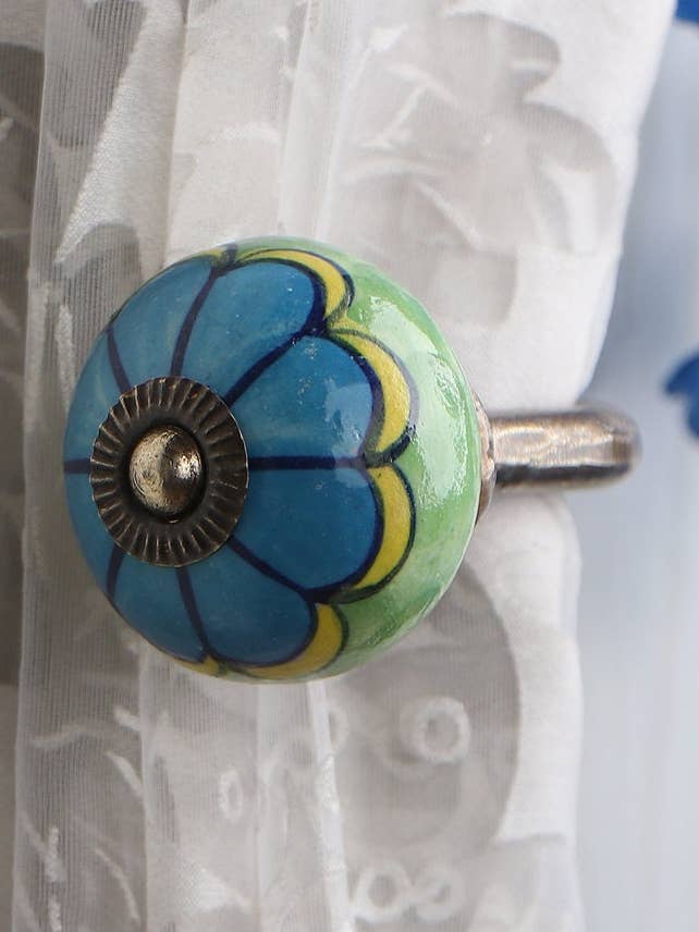 Handmade Turquoise Green and Yellow Design Round Shape Curtain Tie Back Hook Rustic Bathroom Towel Hook Antique Hook (Set of 2) for wholesale by KNOBCO