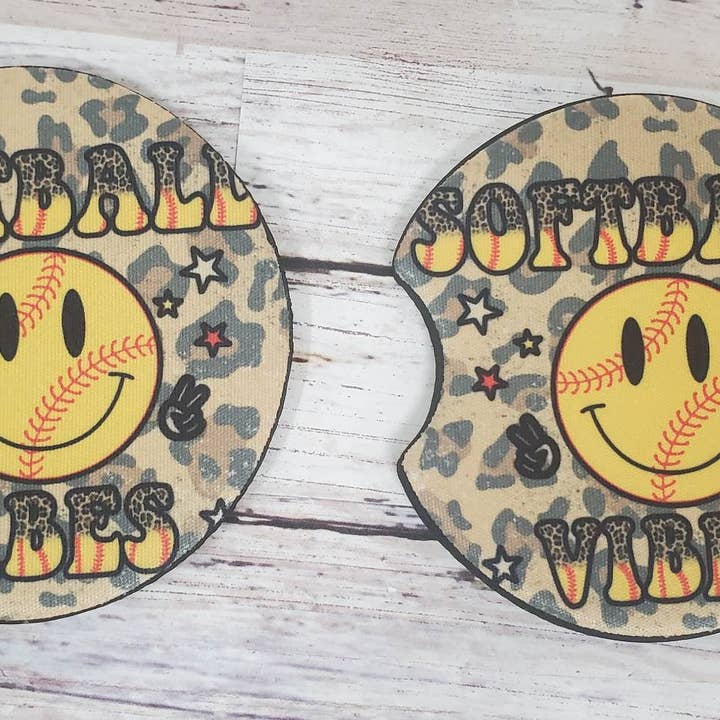 Car Coasters~ Softball Vibes with smiley face for wholesale by Paxton's One Stop Shop LLC
