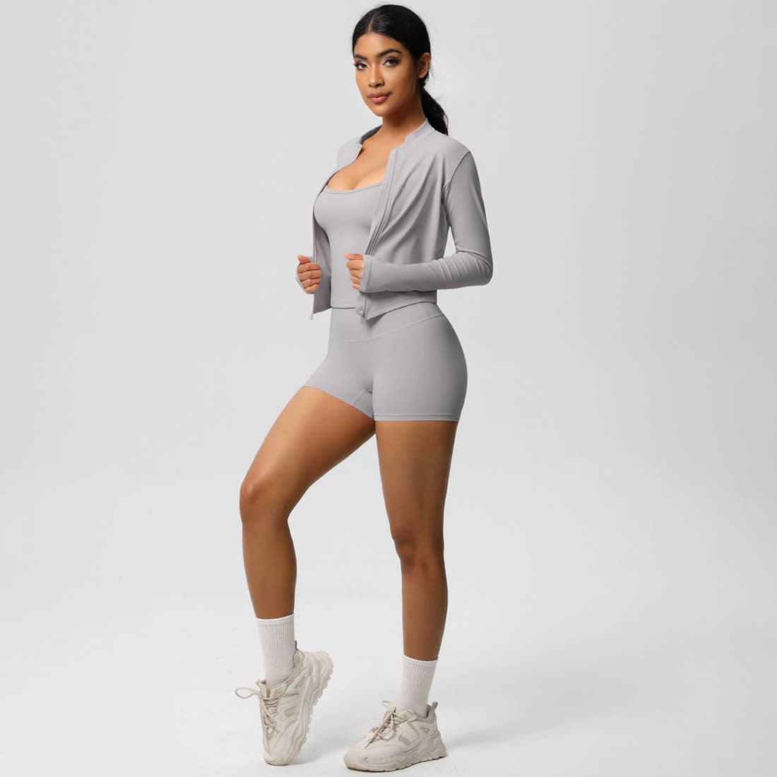 Sodalemon – Conjunto de desporto – Mulher por atacado – Conjunto feminino de yoga justo: top esportivo com interior escovado, jaqueta com zíper e shorts15