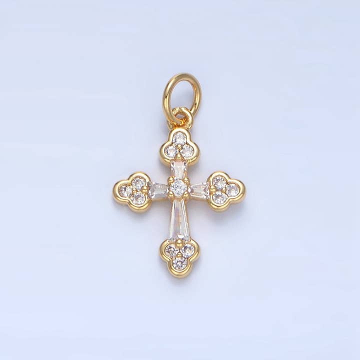 24K Gold Filled Clear CZ Baguette Buttony Cross Charm | X869 for wholesale by Aim Eternal