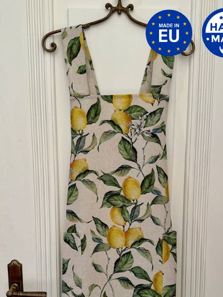 Ladies' Apron with Crossed Straps, Cotton-Linen Mix, Printed | Lemon Linen for wholesale by Hortensias Home