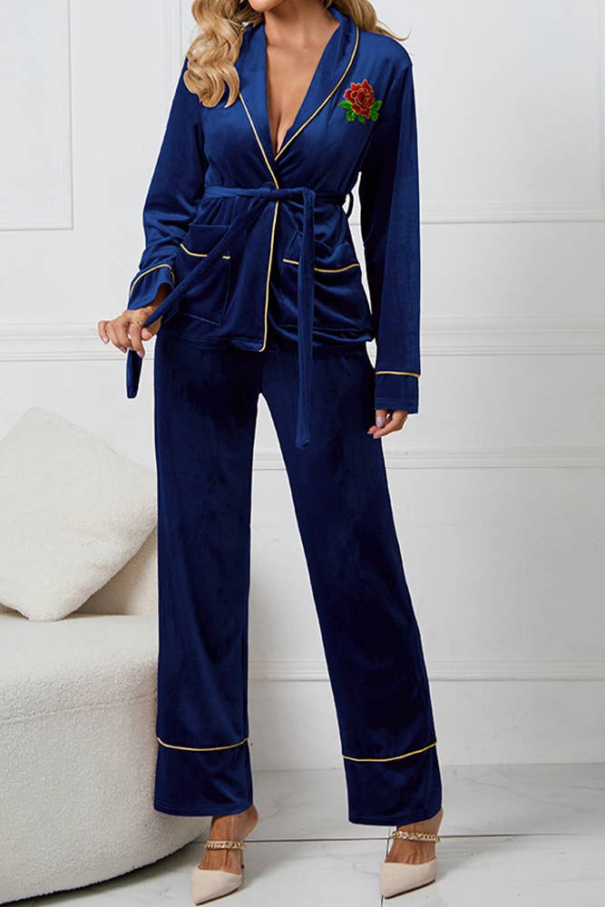 UNISHE - Vente Haut et bas de pyjama – femme - Ensemble de pyjama en velours brodé rose HYG04110