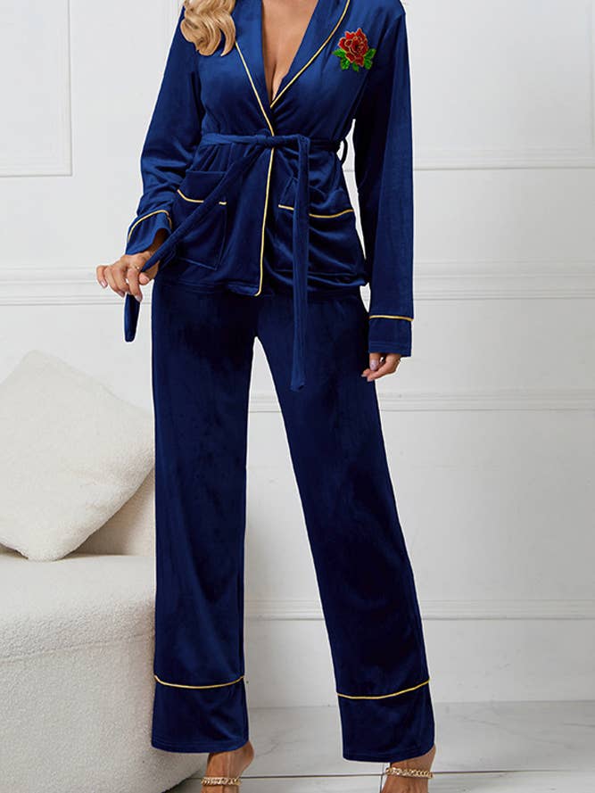 UNISHE - Vente Haut et bas de pyjama – femme - Ensemble de pyjama en velours brodé rose HYG04110