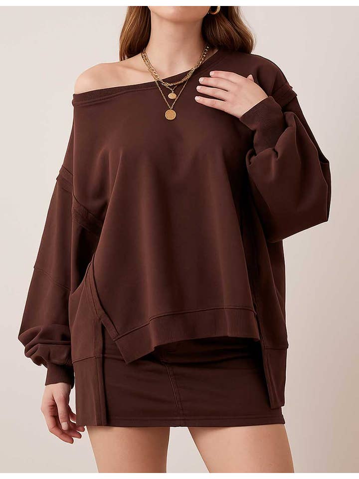 Sweetkama - Wholesale Sweatshirt - Women's - Ladies Solid Color Irregular Slouchy Sweatshirt SKT3852