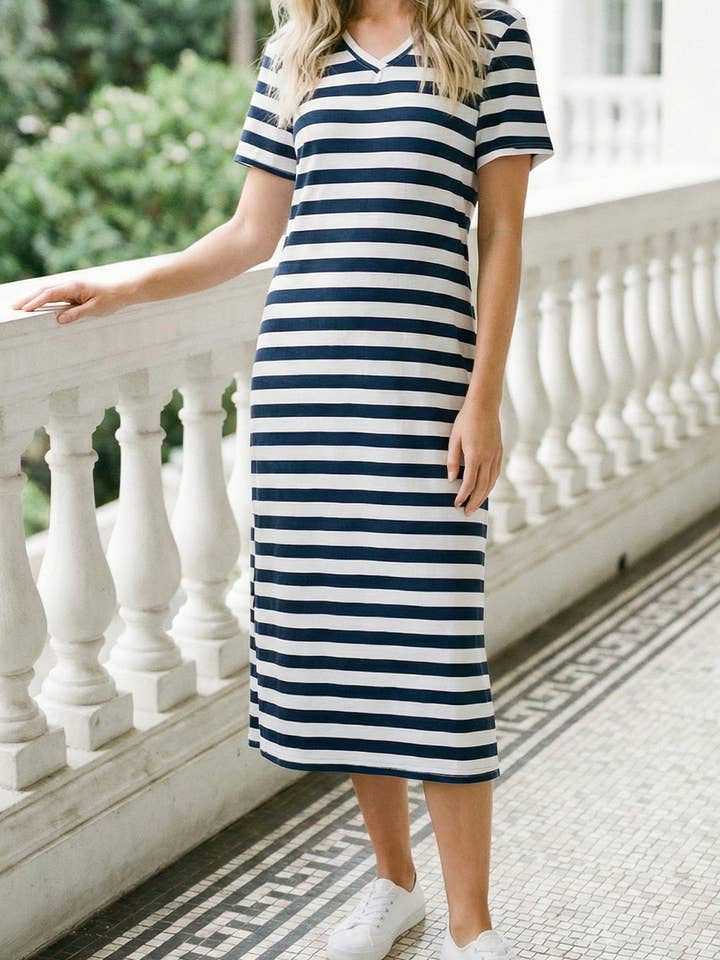 LDC Stripe Print V Neck Maxi Dress with Side Splits for wholesale by Little Daisy Closet