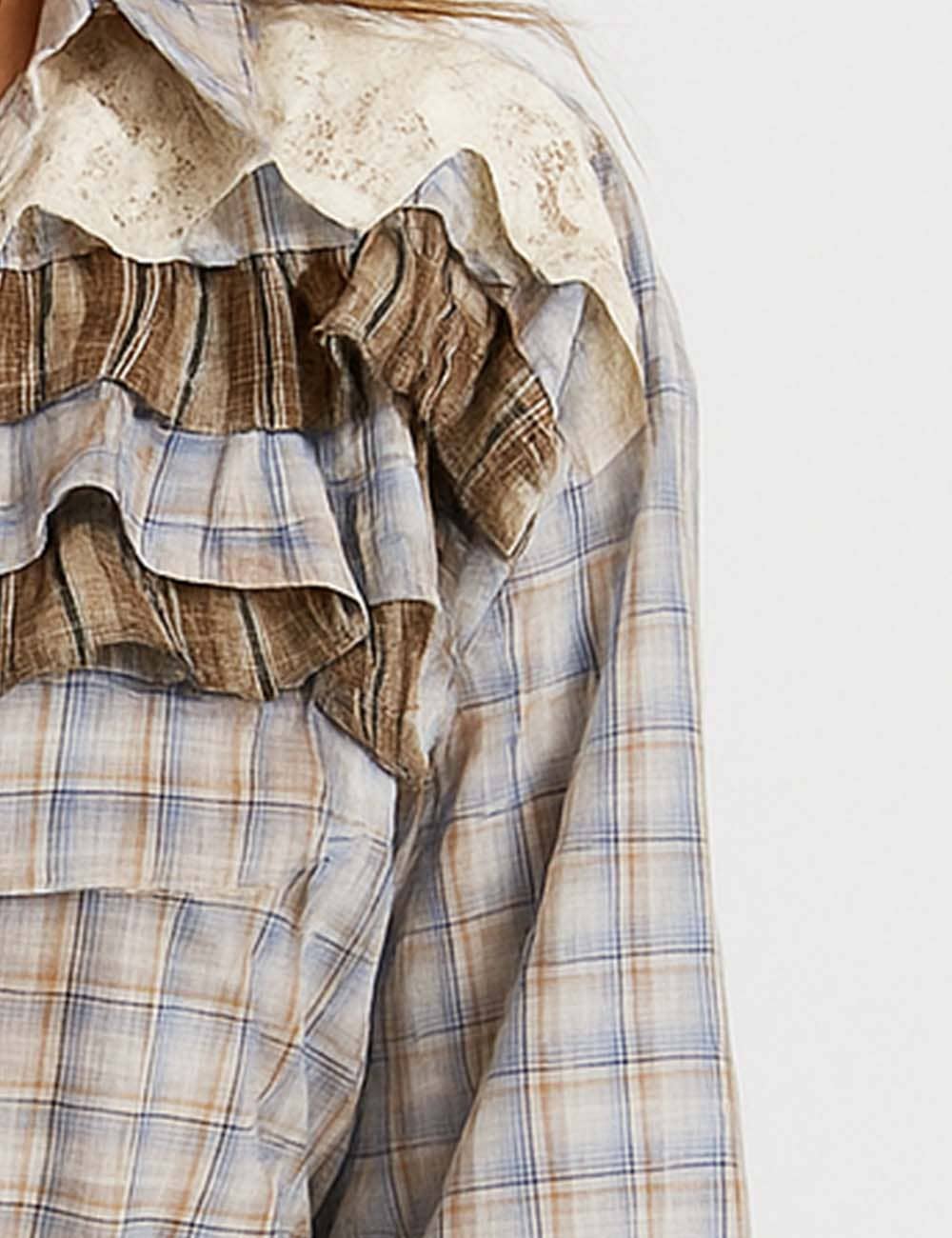 Sweetkama – wholesale Buttoned-down shirt – Women's – Ladies Plaid Print Tiered Ruffle Trim Button Down Shirt2