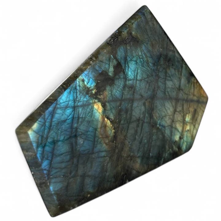 Labradorite taillée polie toutes faces Madagascar AA - 294g pour la vente par La Boîte à Cailloux