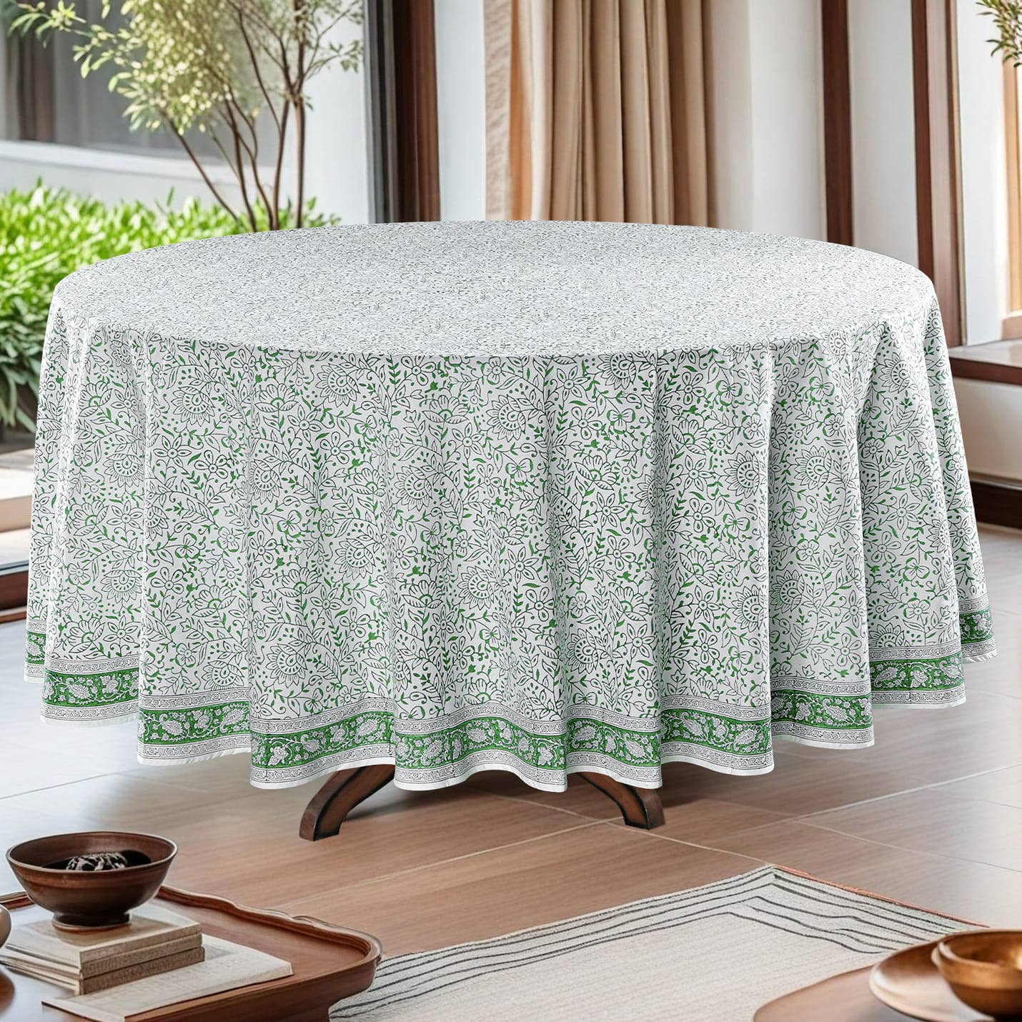 Fabricrush – wholesale Tablecloth – Sage Green Jaal  Indian Hand Block Print Round Tablecloth1