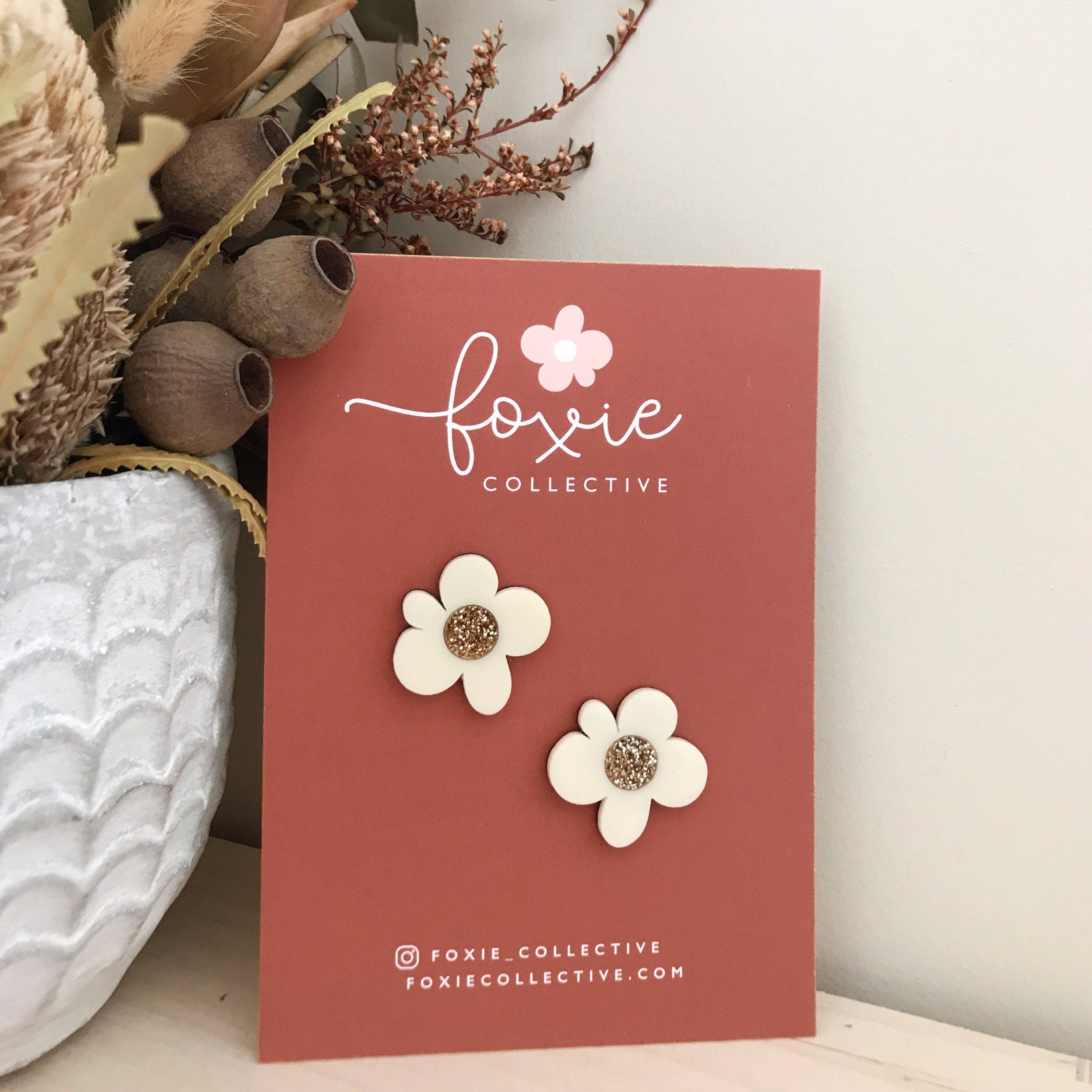 Foxie Collective - Wholesale Stud/Post Earrings - Moon Flower Midi Stud Earrings | Cream + Gold Glitter  | WHOLESALE1