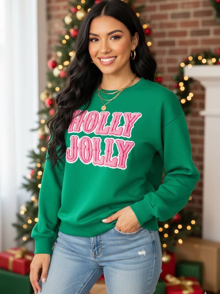 HOLLY JOLLY Letter Christmas Holiday Sweatshirt for wholesale by Follow Your Arrow