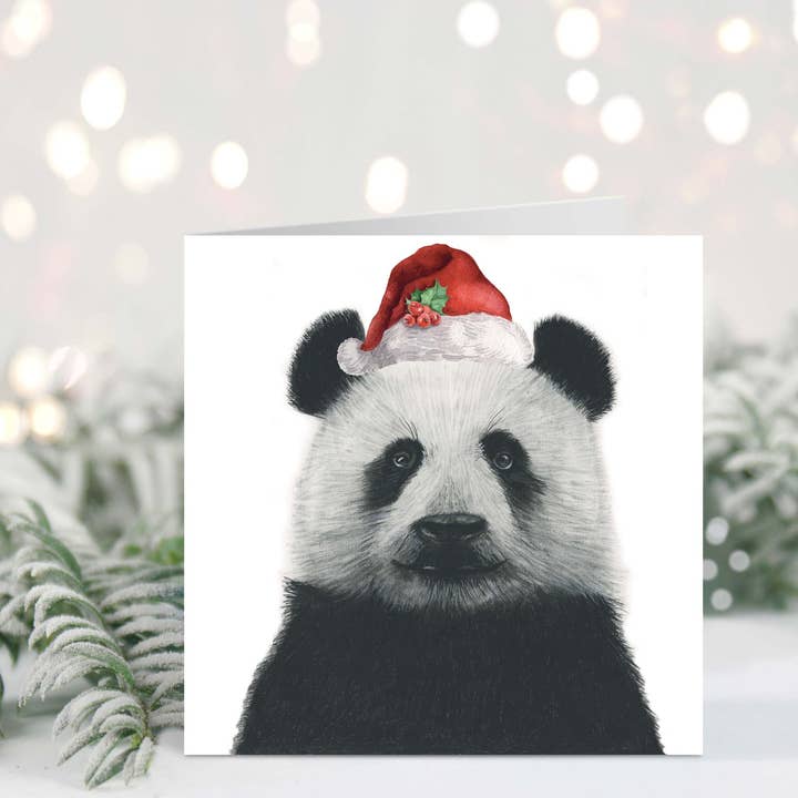 Cepheus the Panda Santa Hat Festive Christmas Card for wholesale by Libra Fine Arts