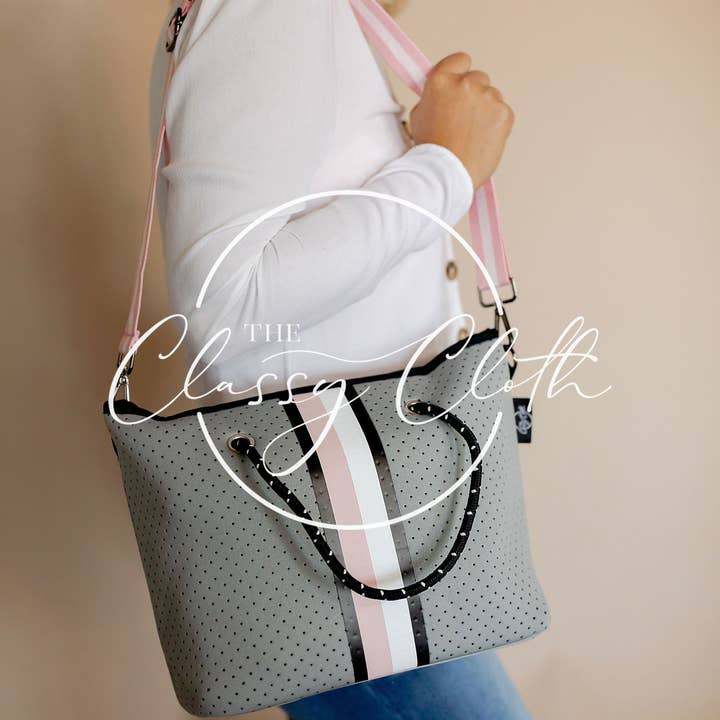 The Classy Cloth WS - Vendita all'ingrosso Borsa da spiaggia - Borsa da spiaggia grigia con banda centrale rosa e bianca RTS