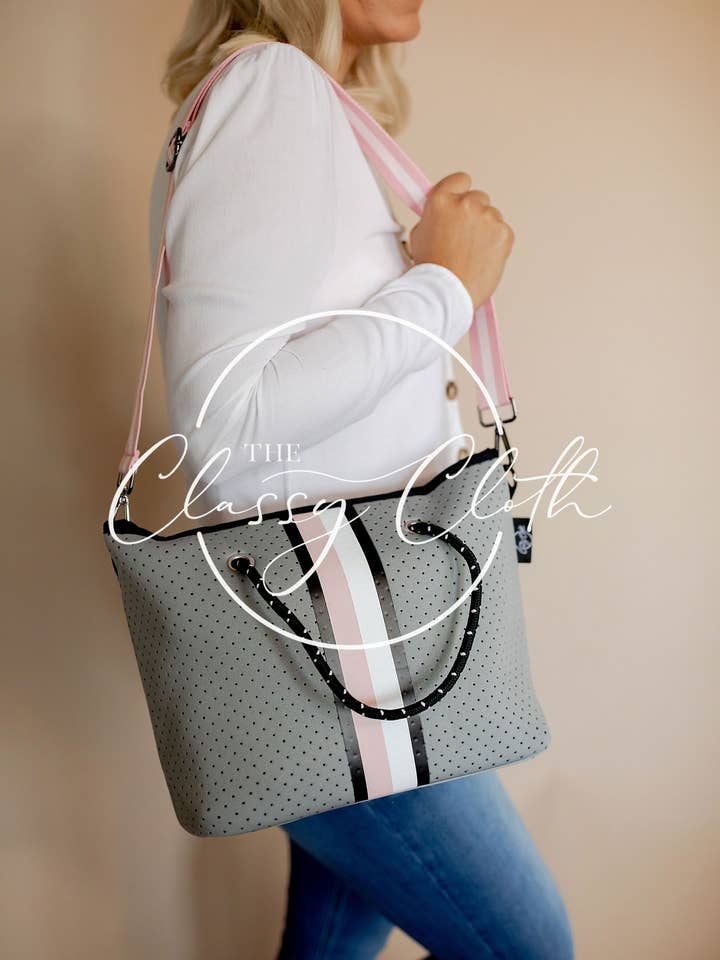 Tote Praia Cinza c/ Rosa & Branco Center Stripe RTS por atacado de The Classy Cloth WS