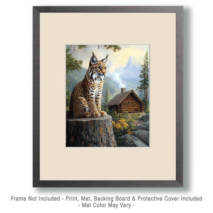 Mowbi - Wholesale Art Print - Bobcat in Backyard - Log Cabin Companions Wall Art Prints – 8″x10″ Artwork for 11″x14″ Frame